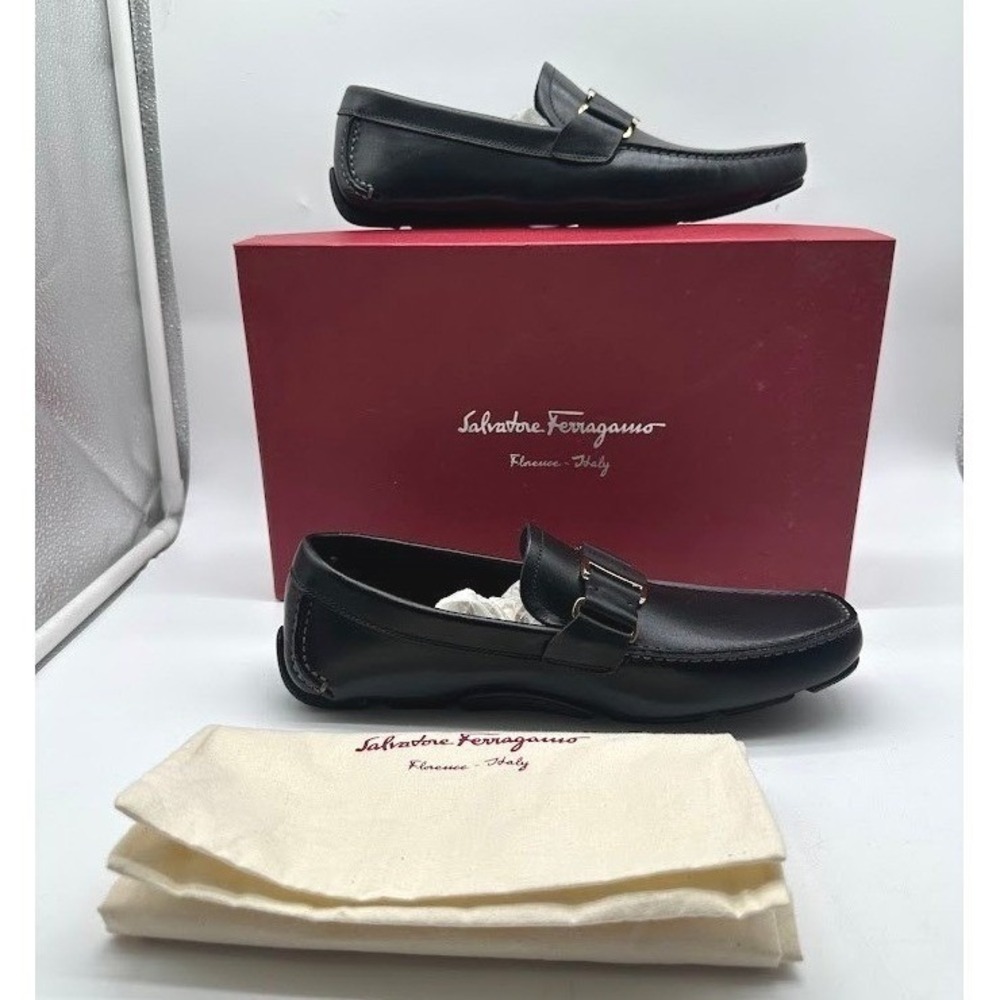 Salvatore Ferragamo Men Gancini Black Leather Driver Loafers 6.5D EU 40.5 New